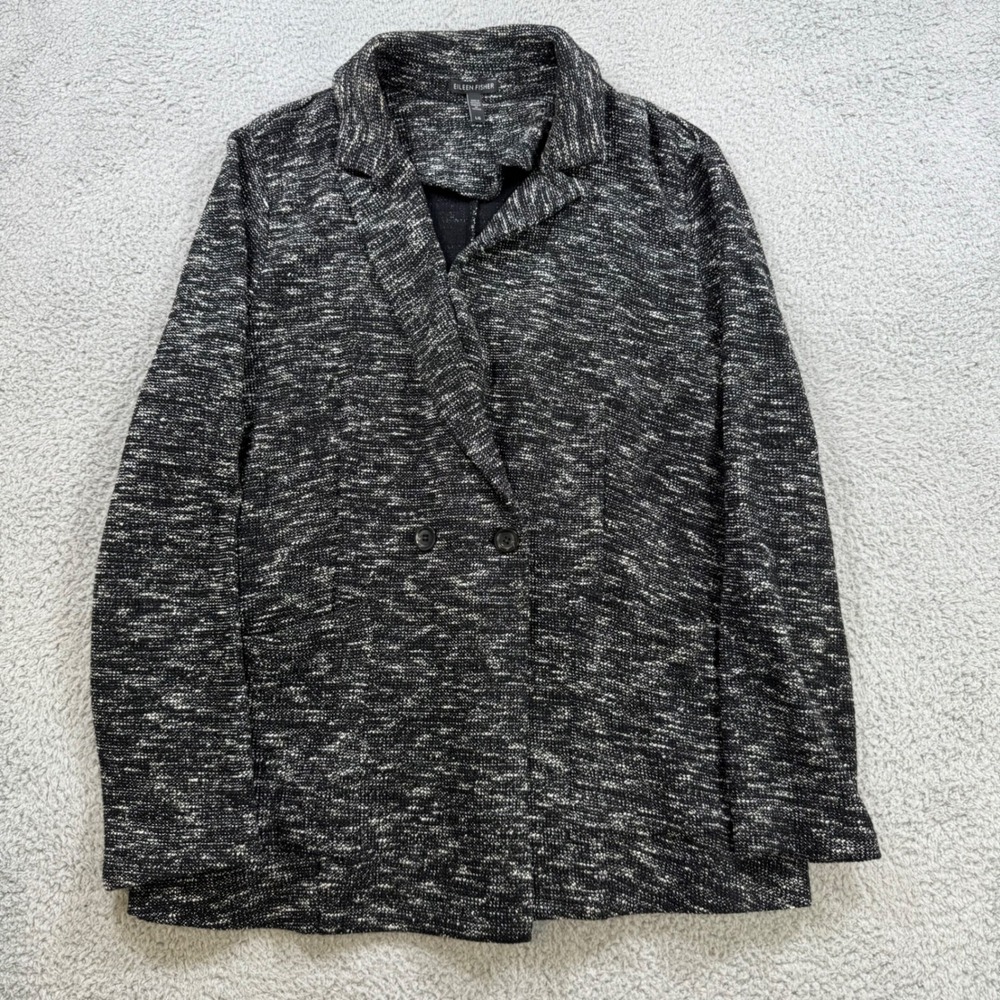 EILEEN FISHER Textured Knit Double Breasted Blazer Jacket Women‎ L G Black White